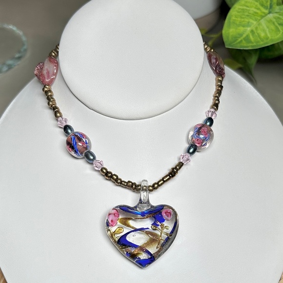 Artisan Lampwork Blown Glass Heart Shaped Pendant and Bead Necklace, 925 clasp - Picture 1 of 12